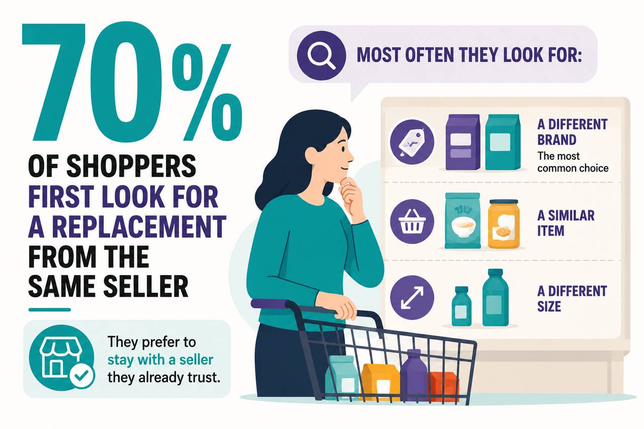 An infographic showing shoppers' behavior when an item needs a replacement or out of stock.